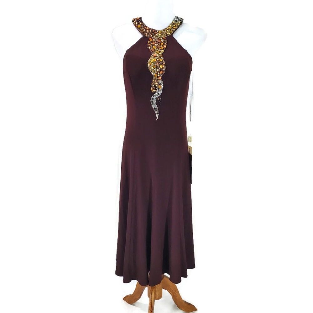 NWT LARA Design sz 8 Sleeveless Beaded Midi Halter Summer Resort Neutral Dress